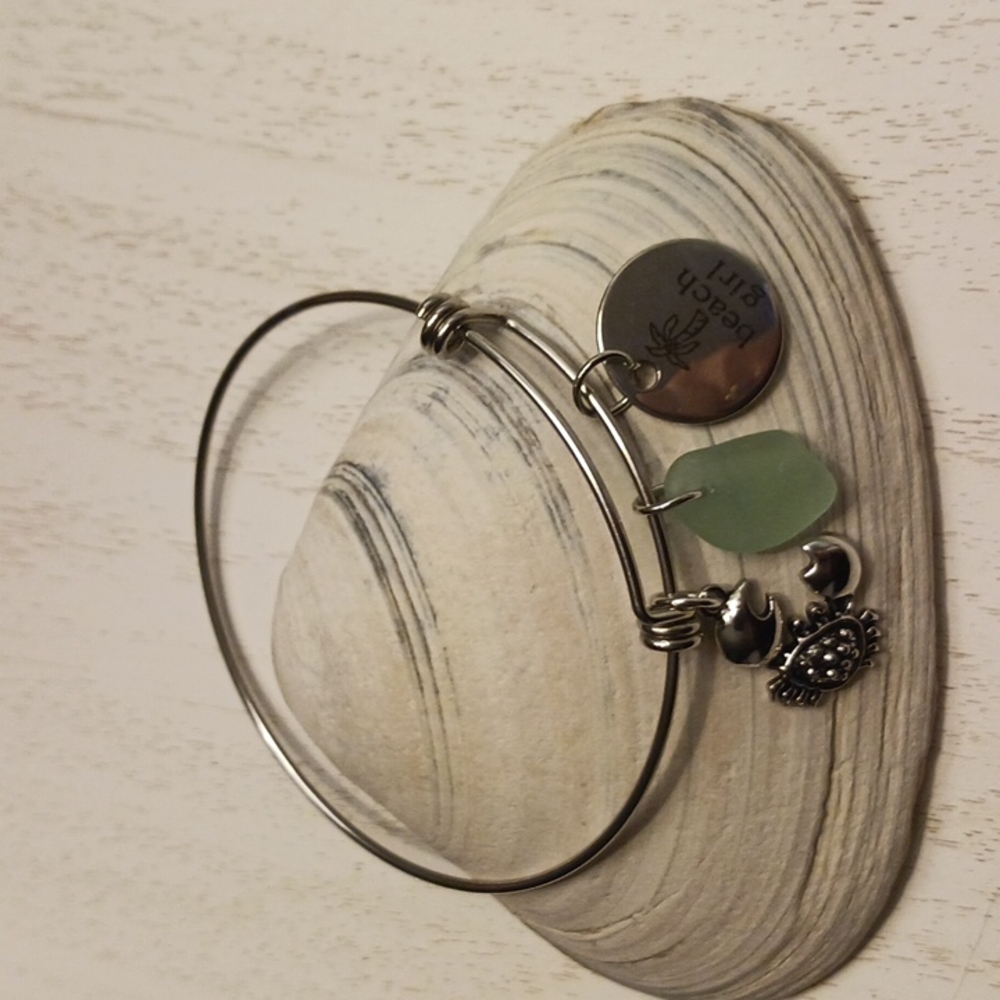 Handmade Seaglass Stainless Steel  Beach Charm Bracelet with 🦀 Crab